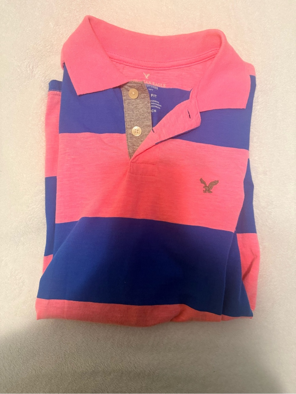 American Eagle Outfitters Coral Pink and Royal Blue Striped Polo